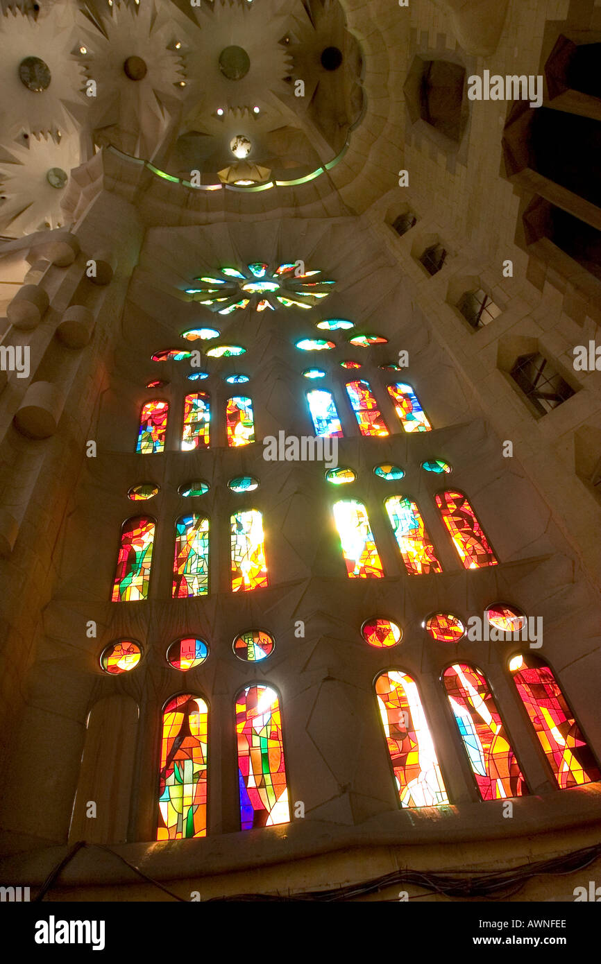 Barcelona Spain Stained glass window in Sagrada Familia by architect Antoni Gaudi Stock Photo