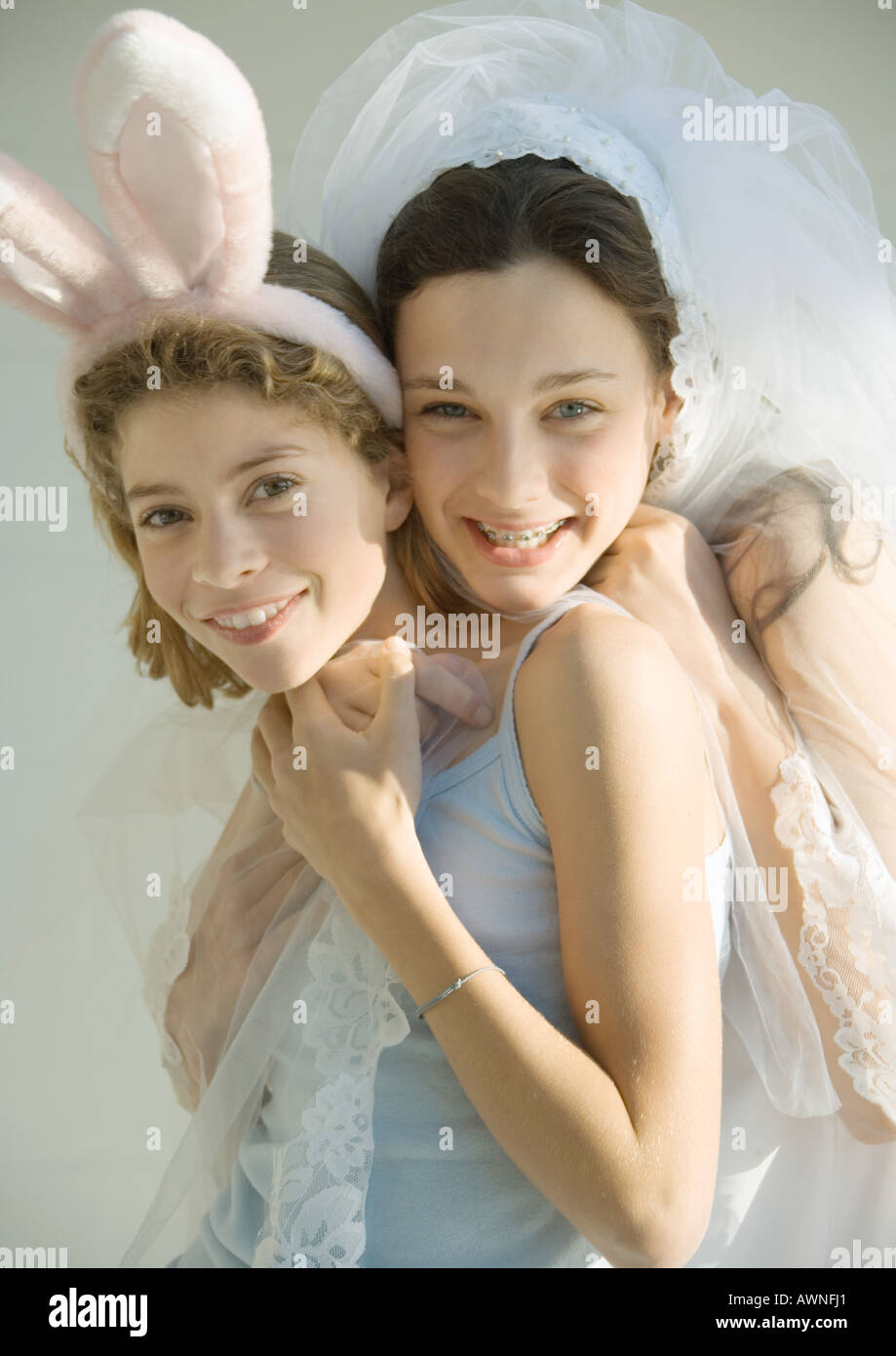 Preteen girls dressed up in costumes Stock Photo