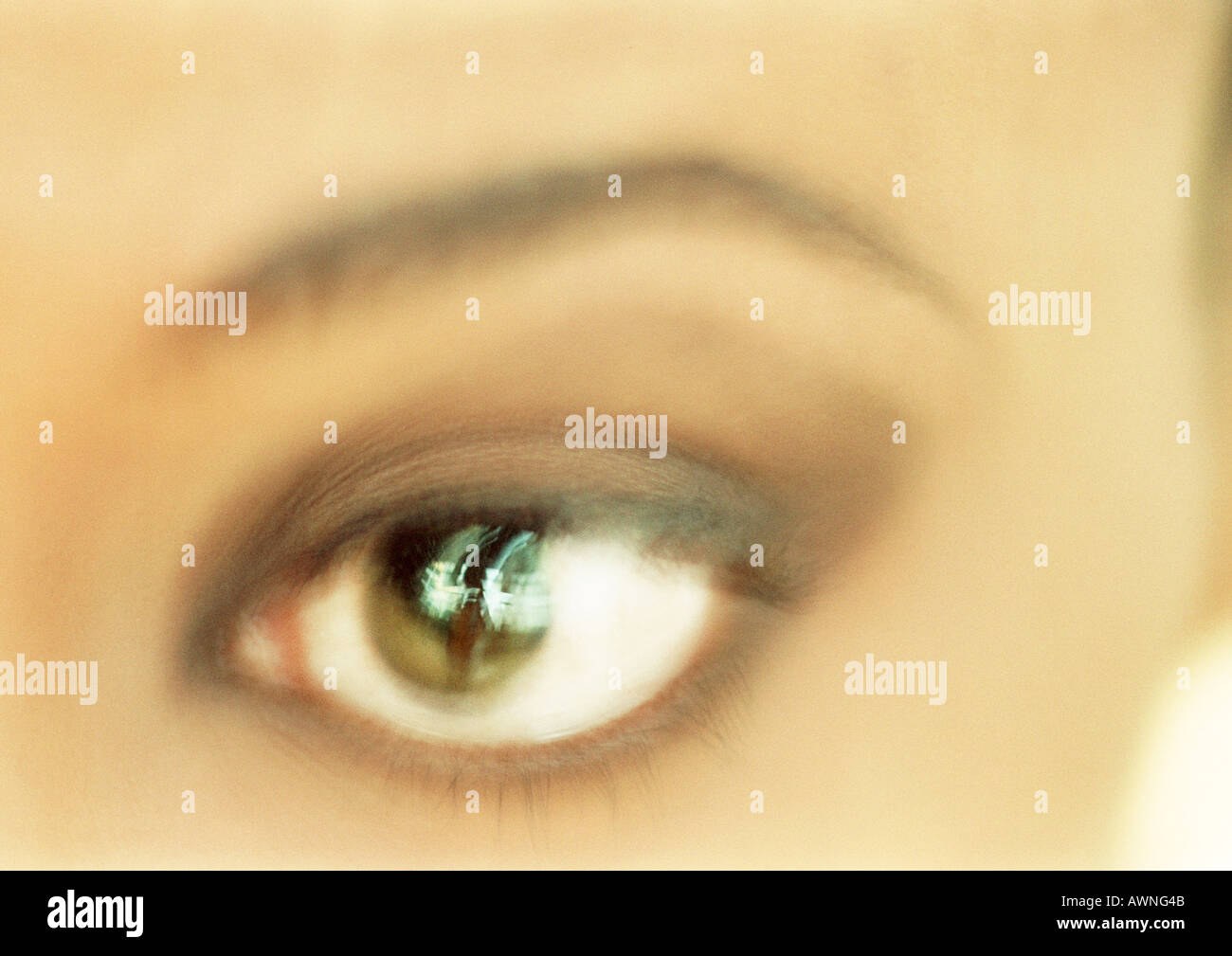 Woman's brown eye looking away from camera, blurred close up. Stock Photo