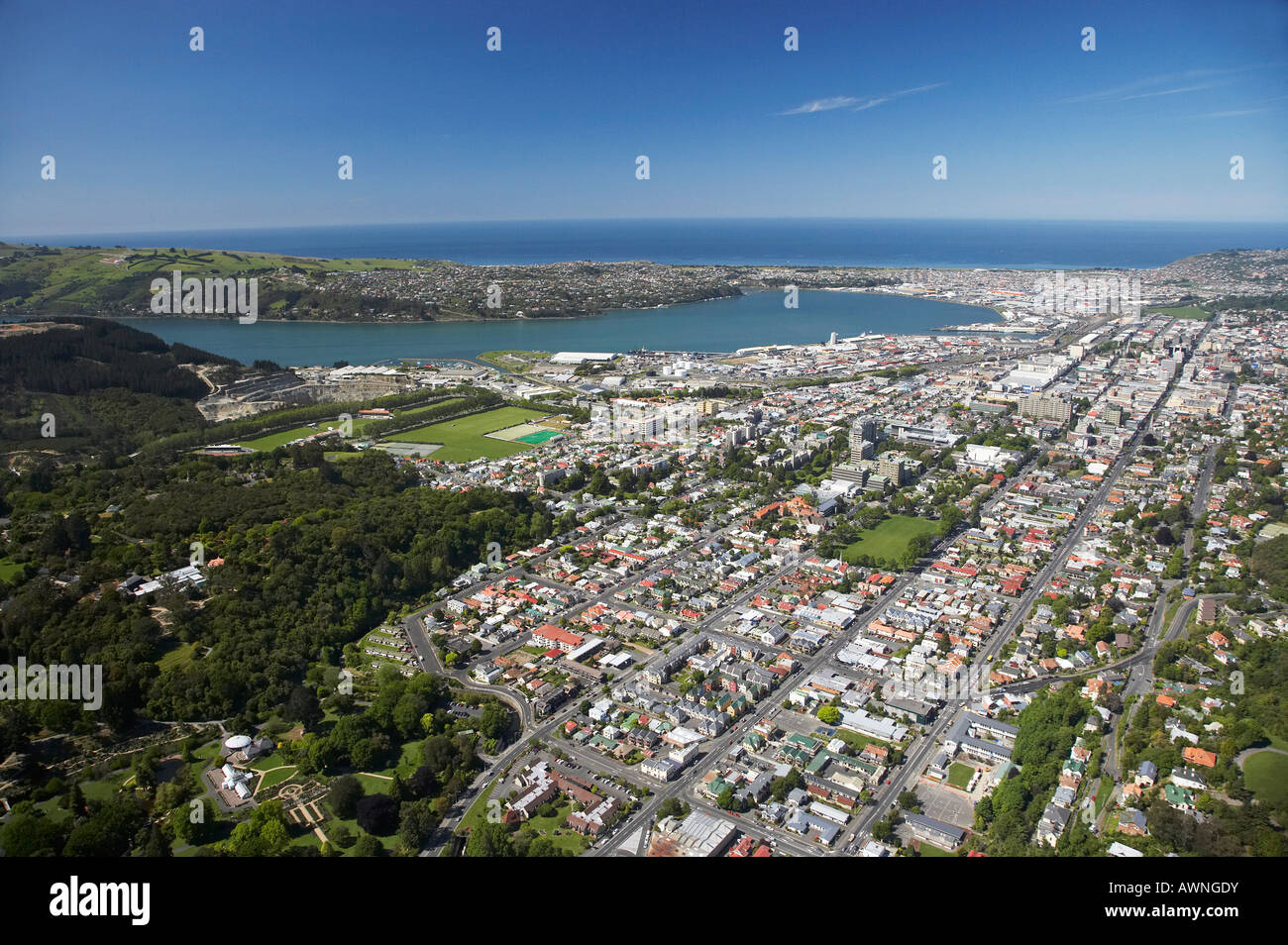 Botanic Gardens and North Dunedin South Island New Zealand aerial Stock