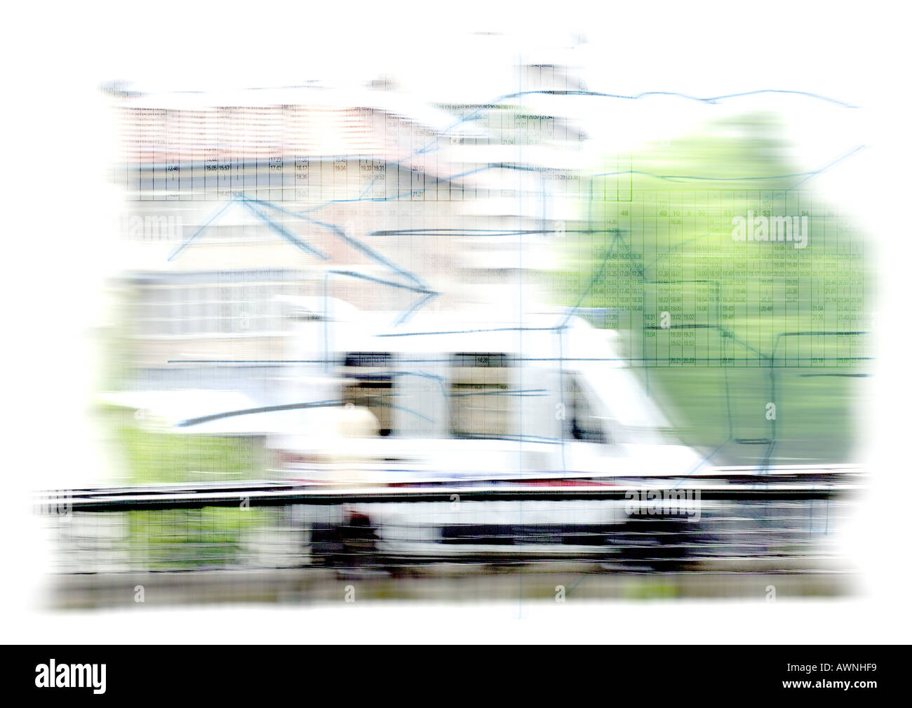 Van going by building and treew, blurred, superimposed on drawing of town Stock Photo