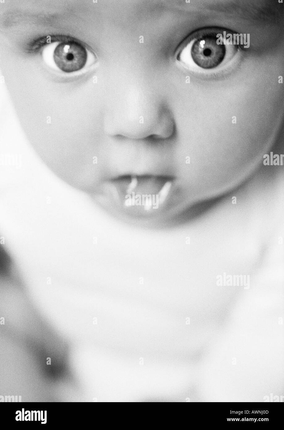 Baby with open mouth, closeup, B&W Stock Photo Alamy