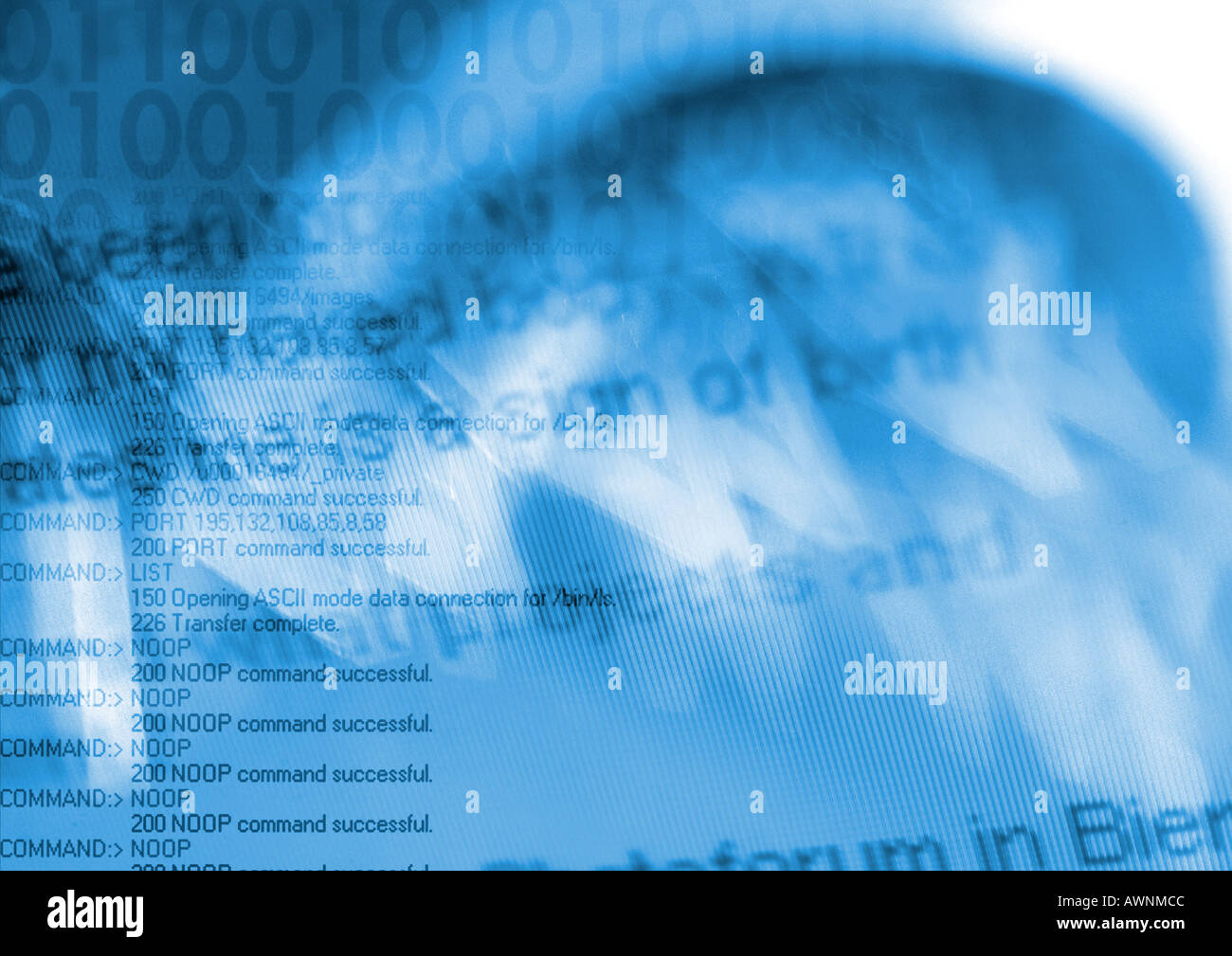 Binary typography overlaying computer command code, blue. Stock Photo