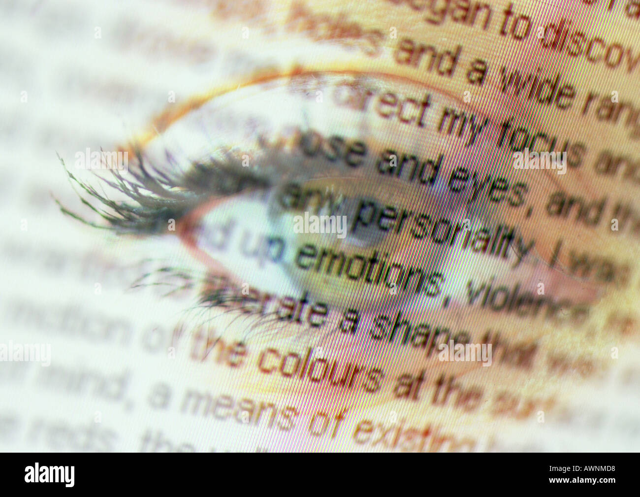 Story text overlaying close up of an eye, montage Stock Photo