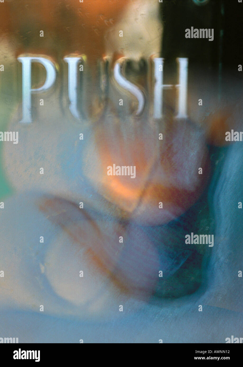 Push typography overlaying blurry button, montage Stock Photo