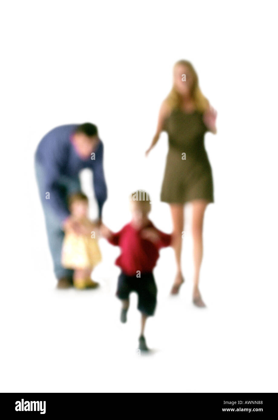 Silhouette of parents and two children, on white background, defocused Stock Photo