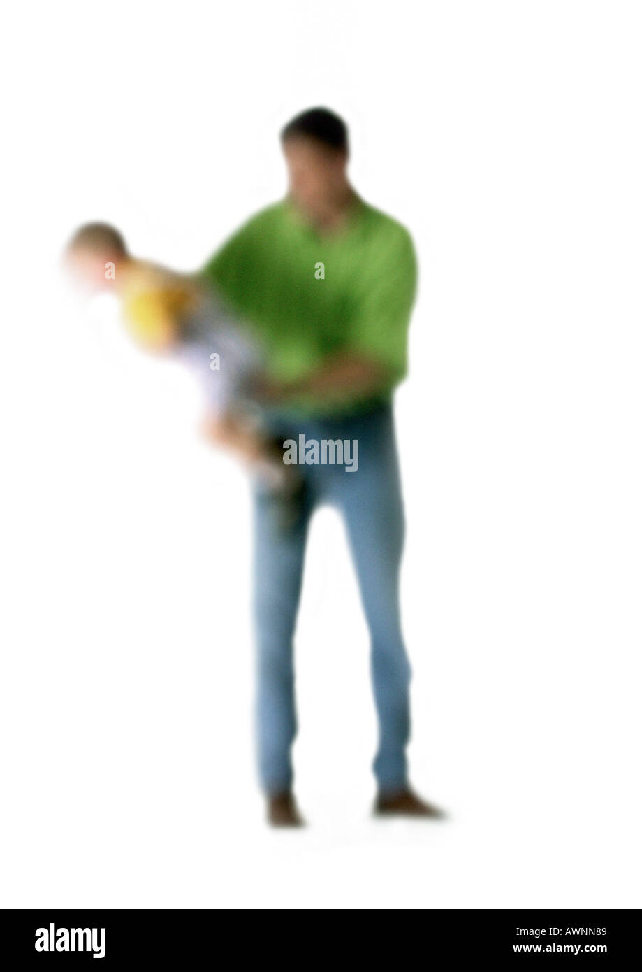 Silhouette of father holding son, on white background, defocused Stock Photo
