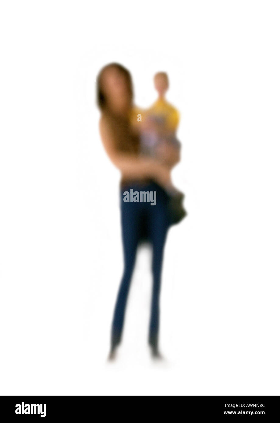 Silhouette of woman holding child on white background, defocused Stock Photo