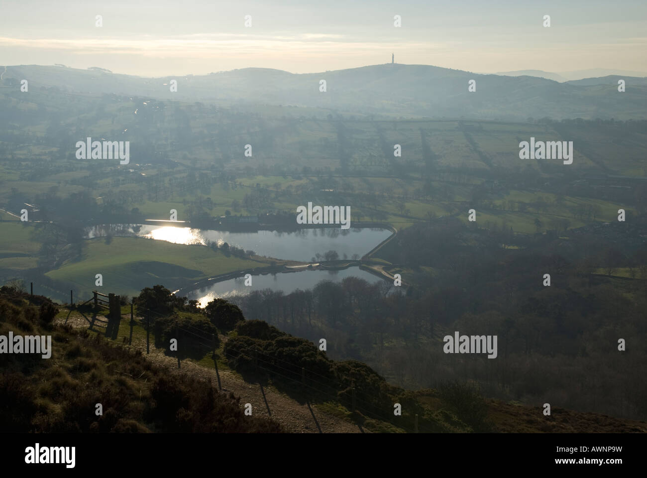 View from Teggs Nose over Teggs Nose Reservoir and Bottoms Reservoir, Macclesfield Forest, with radio mast on hill in distance Stock Photo