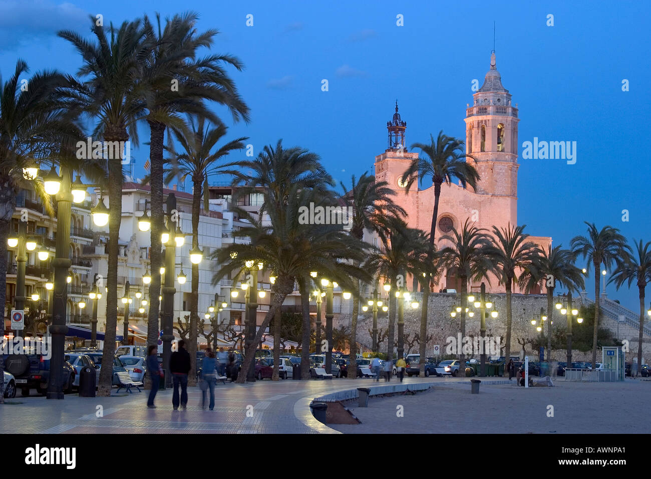 Coastal town Sitges at spanish Mediterranean coast at dusk, Sitges