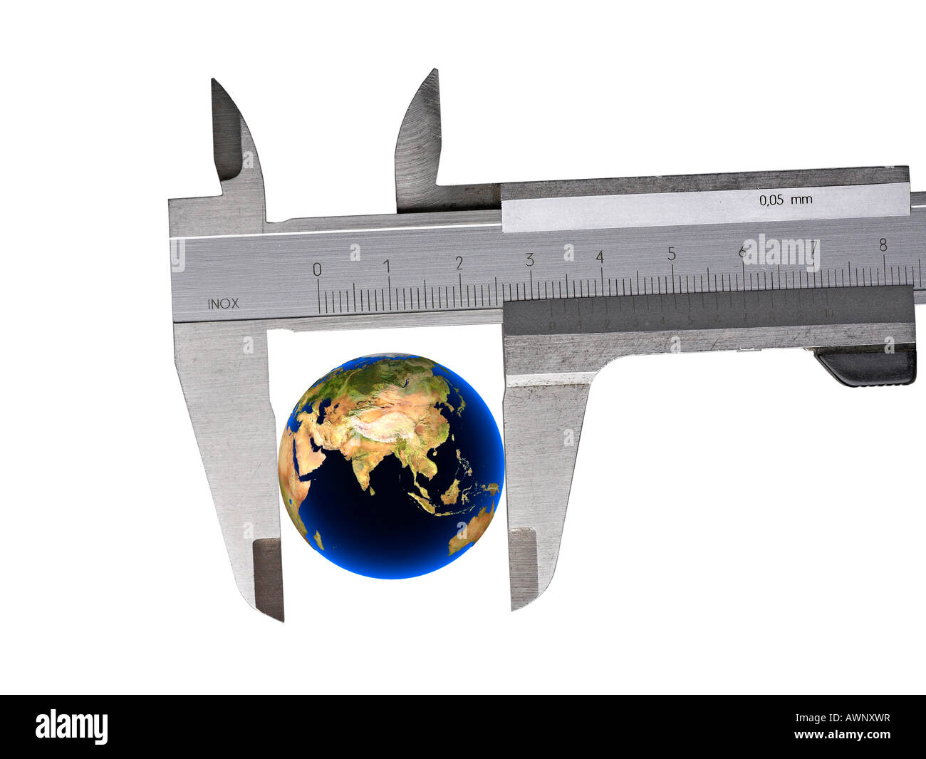 Globe, earth, between caliper, calliper, asia, composing, cut out Stock Photo