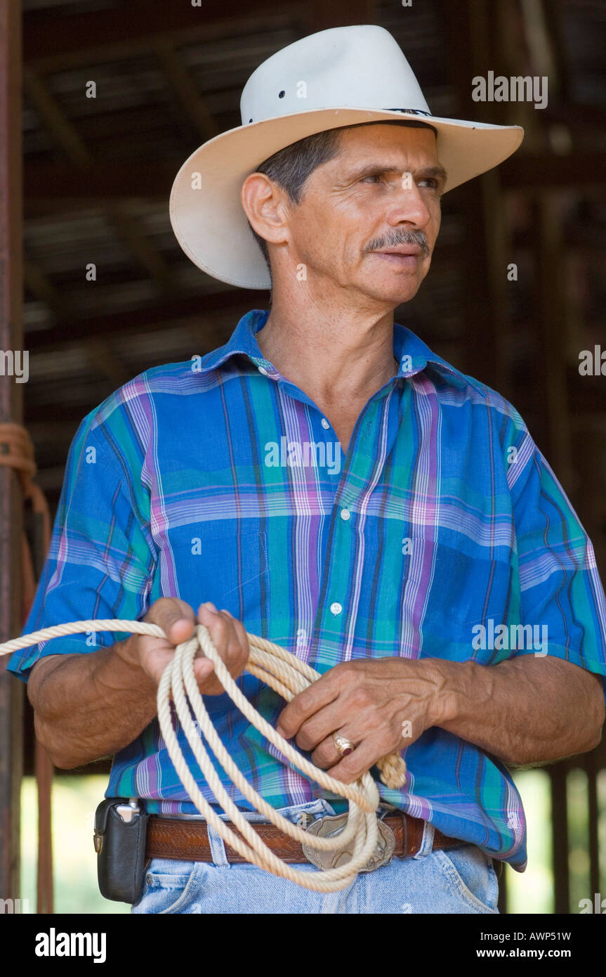 Cowboy holding lasso, Costa Rica, Central America Stock Photo