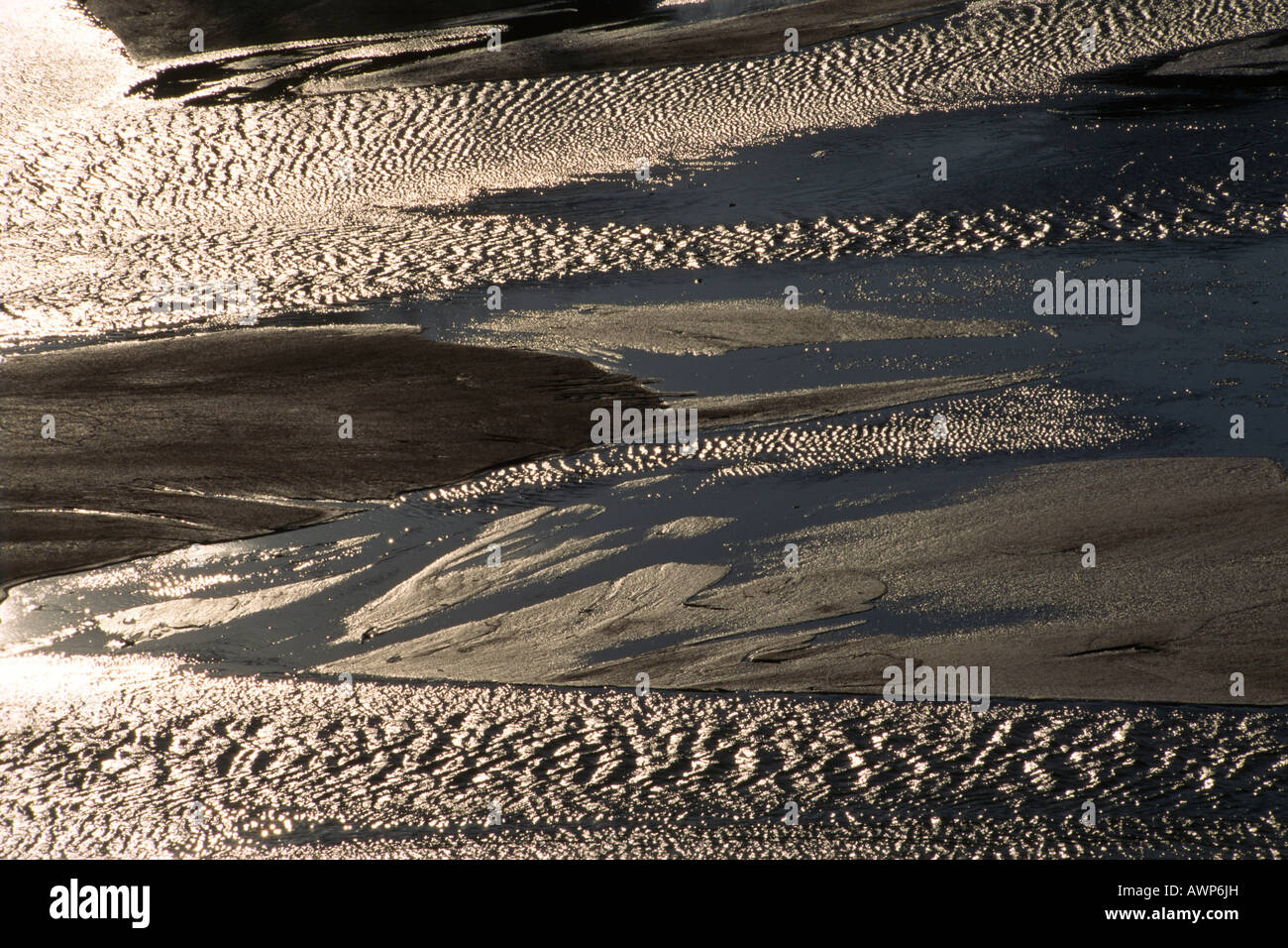 Sun reflected on riverbed, Umfolozi River, Hluhluwe-Umfolozi Game Reserve, South Africa, Africa Stock Photo