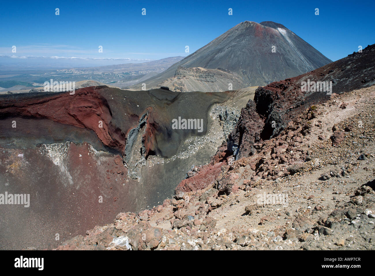 Red crater in front of Mt. Ngauruhoe, Tongariro National Park, North Island, New Zealand, Oceania Stock Photo