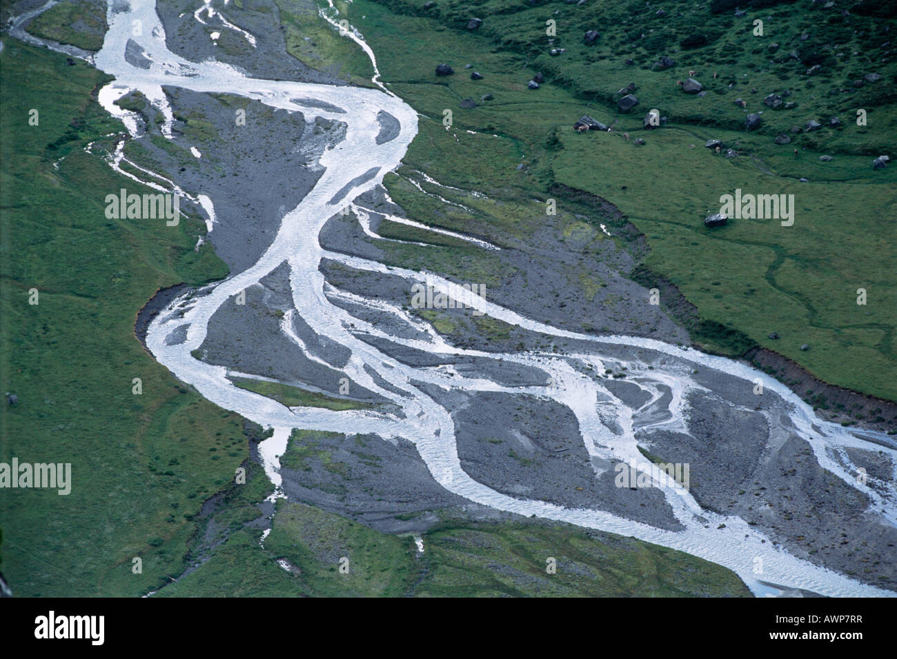 Aerial view of the Sulzaubach stream meanders, North Tirol, Austria, Europe Stock Photo