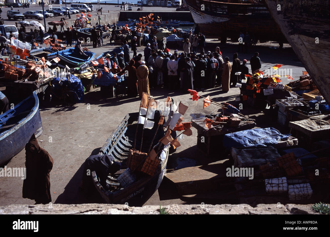 The Moroccan resort town of Essaouira Mogador fish sales in the harbouor Stock Photo