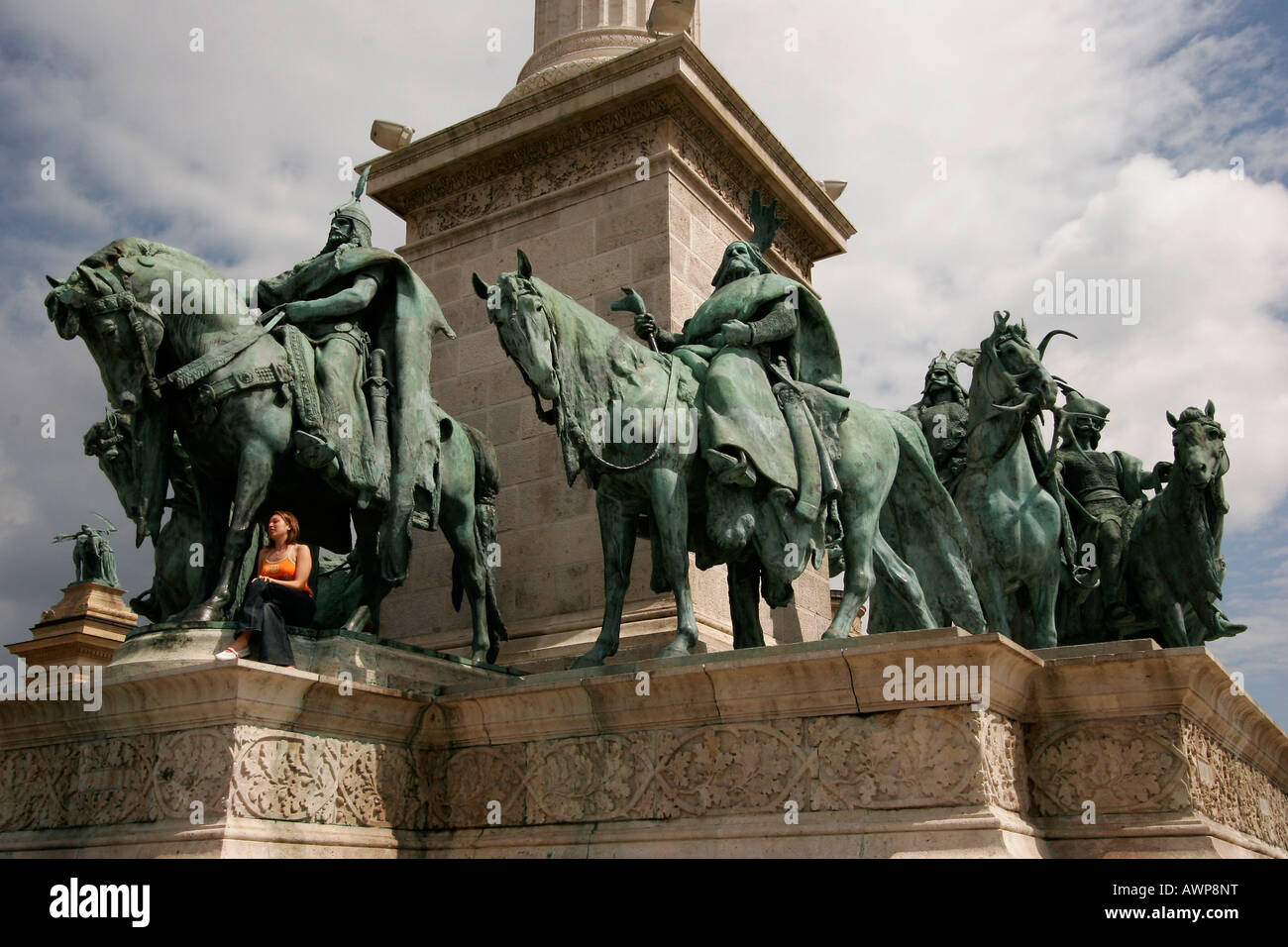 Equestrian sculpture of Prince Árpád and six other Hungarian tribal chieftains at the Millennium memorial at the Heroes' Square Stock Photo