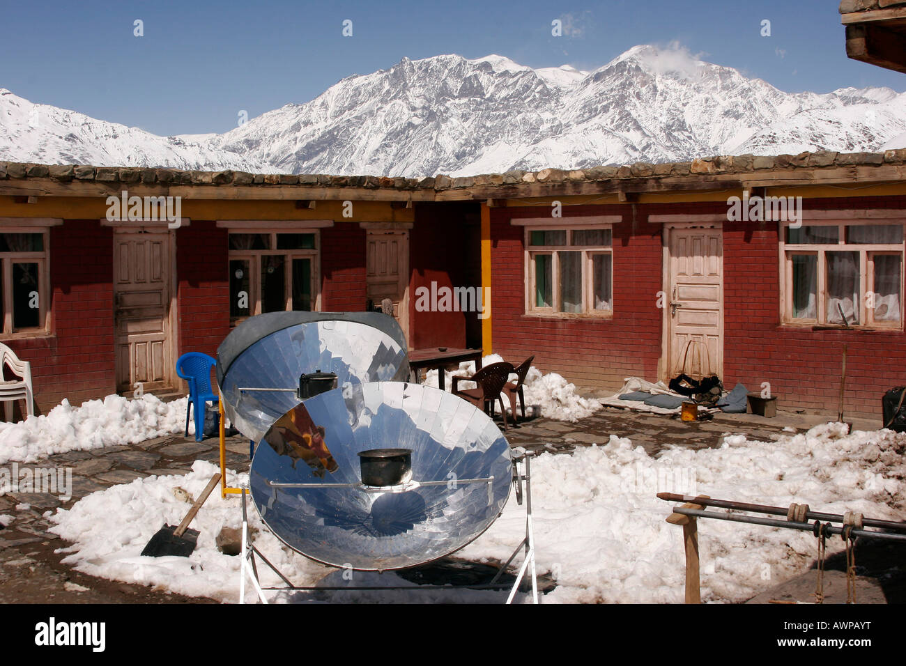 Solar cooker (solar-powered cooker) in the remote mountain village of Jharkot along the popular Jomsom Trail, Jharkot, Nepal, A Stock Photo