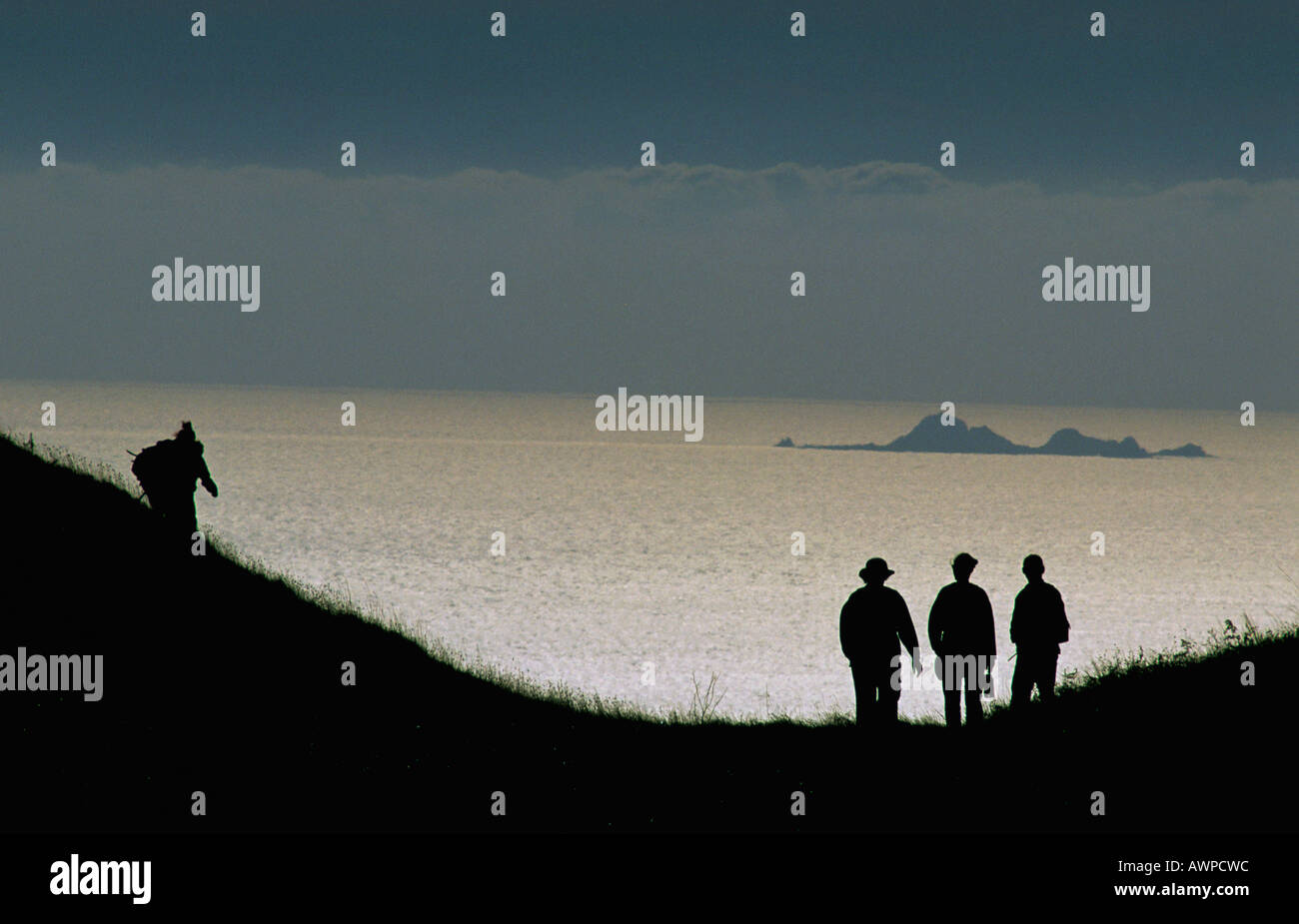 Silhouetted hikers see the Farallon Islands from the Coastal Trail Marin County California United States Stock Photo