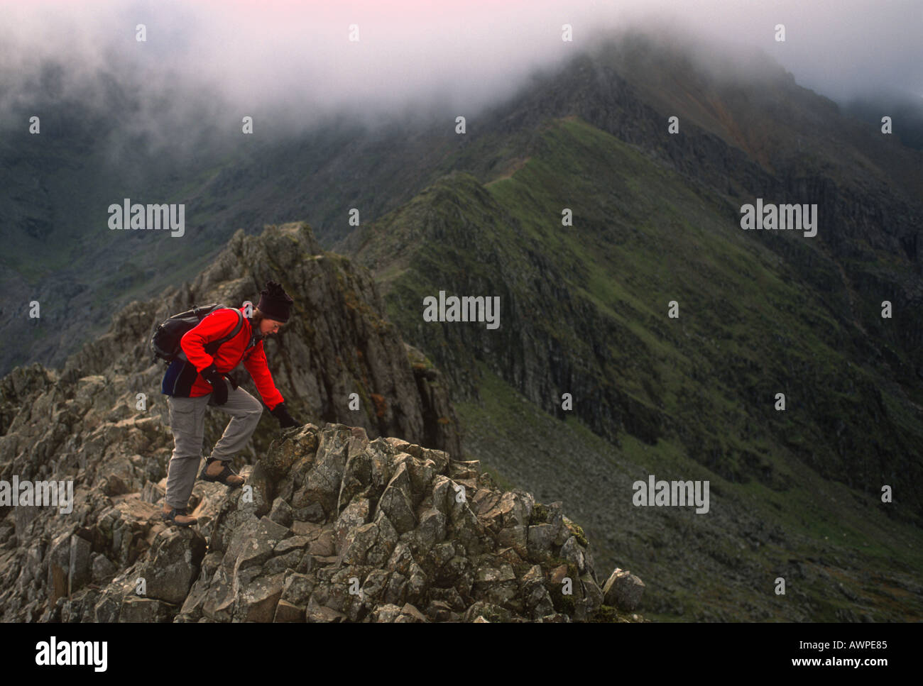 Walking Crib Goch Ridge Snowdonia North West Wales Stock Photo