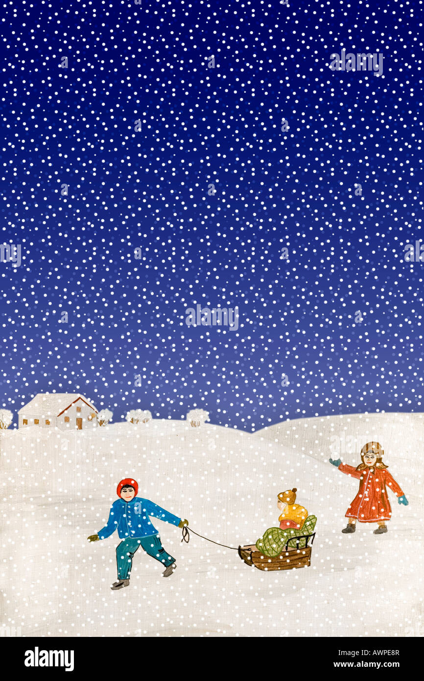 Popular painting, children playing in the snow Stock Photo