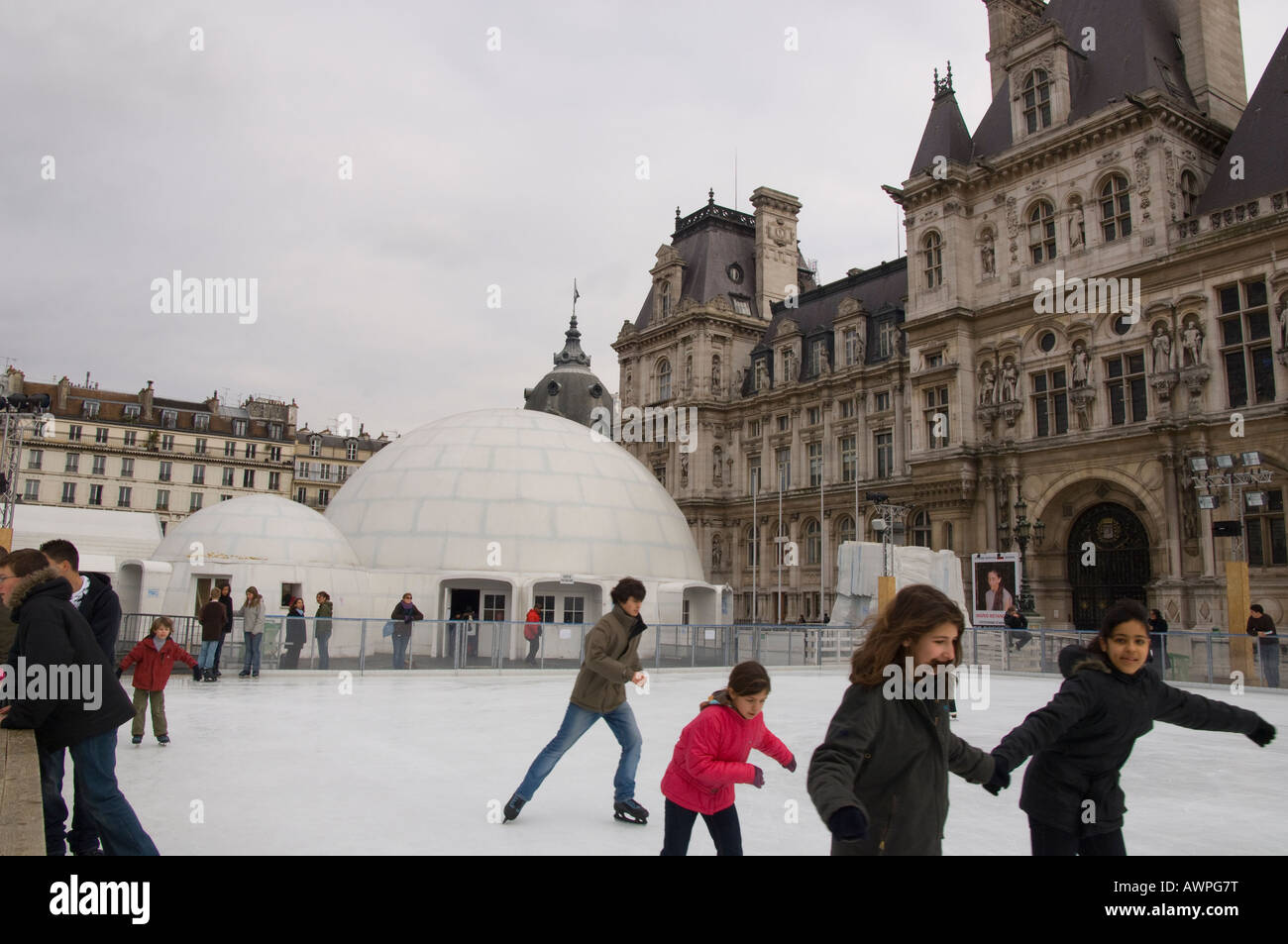 France Paris 4 Hotel de Ville esplanade artificial ice rink with people
