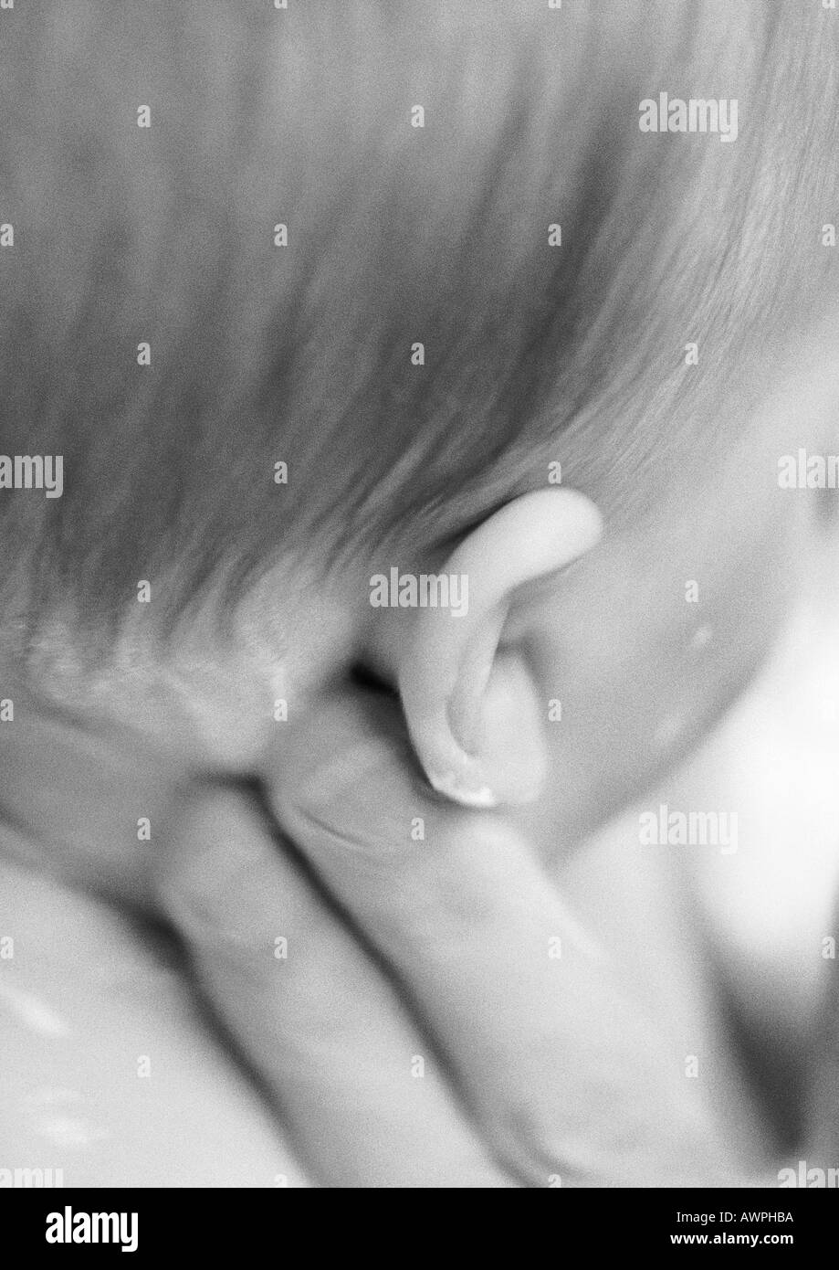 Adult fingers applying lotion behind baby's ear, close-up, b&w Stock Photo