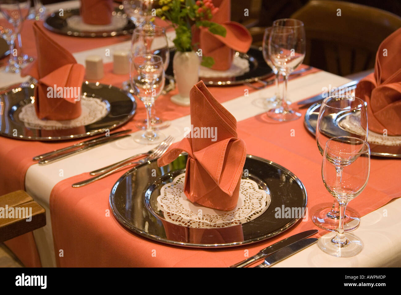 Elegant well-laid table in a gourmet restaurant Stock Photo