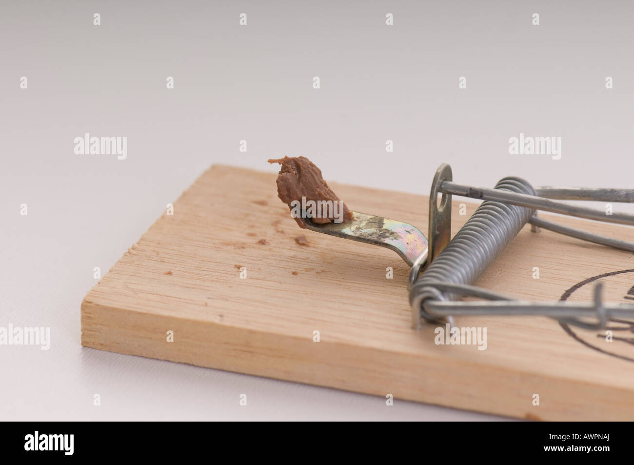 Baited wooden mousetrap Stock Photo