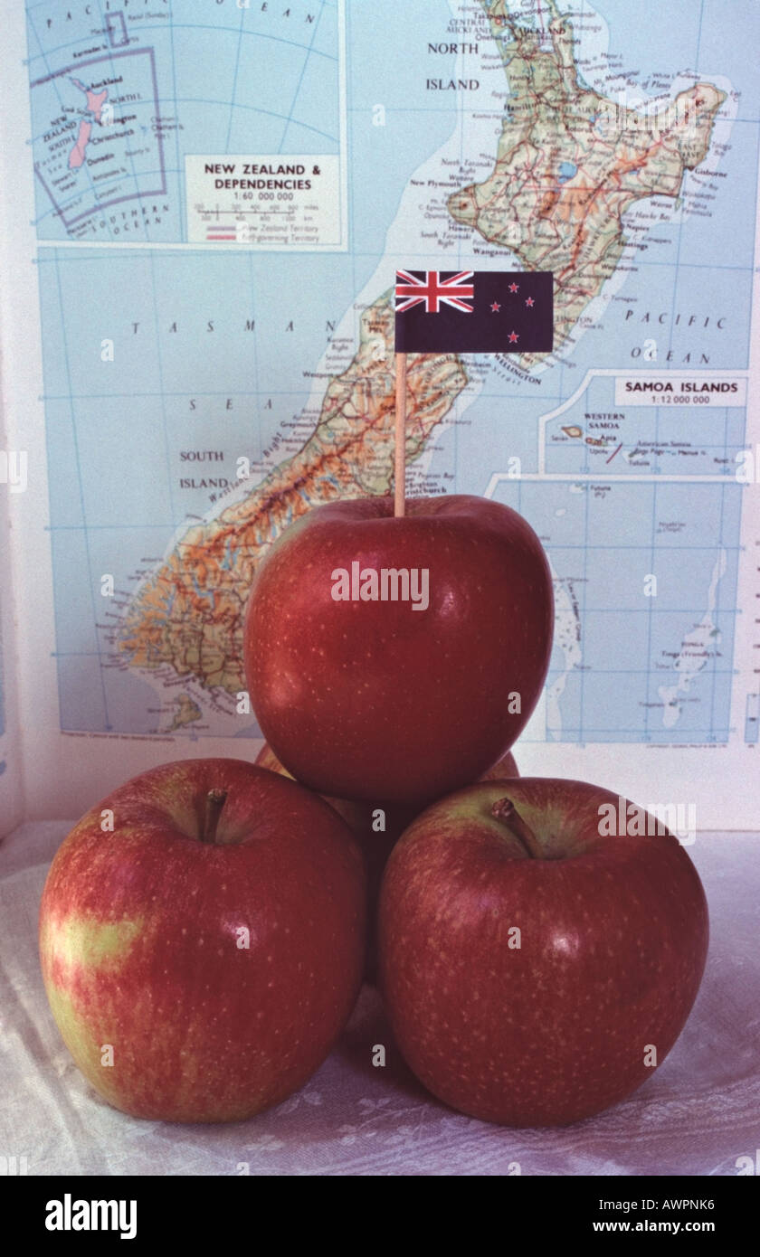 New Zealand Braeburn Apples and New Zealand map fruit import concept