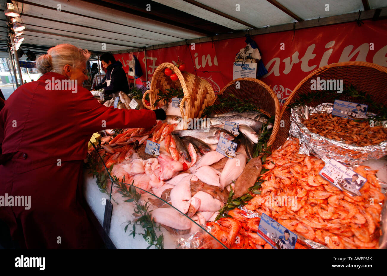 Fish vendor at the Place Maubert market, Quartier Latin, Paris, France, Europe Stock Photo