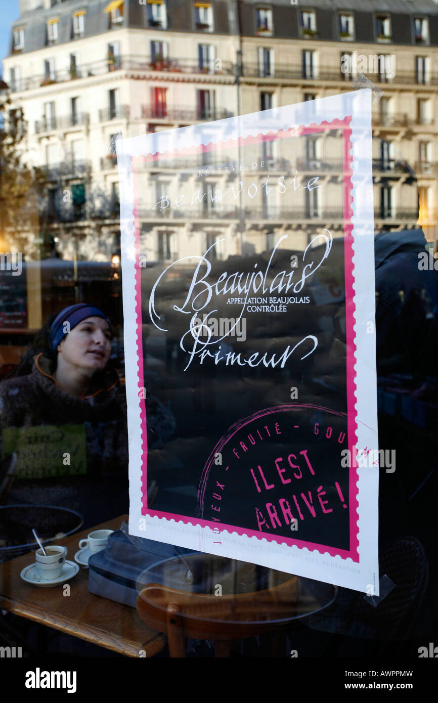 Beaujolais Primeur wine advertised in the window of a bistro at Place Maubert, Quartier Latin, Paris, France, Europe Stock Photo