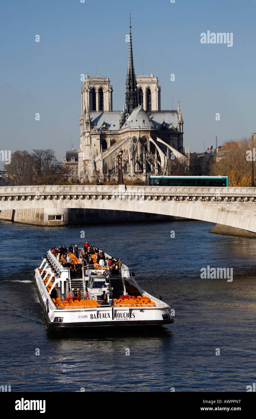 Boat on the Seine and the Notre Dame, Paris, France, Europe Stock Photo