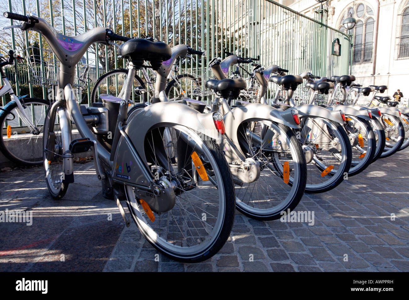Bicycle rentals for tourists and locals at a location near St. Eustache Church, Les Halles, Paris, France, Europe Stock Photo