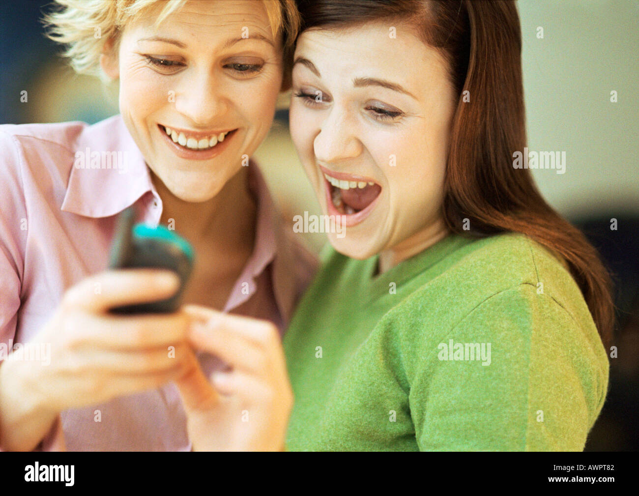 Two young women using cell phone, portrait Stock Photo