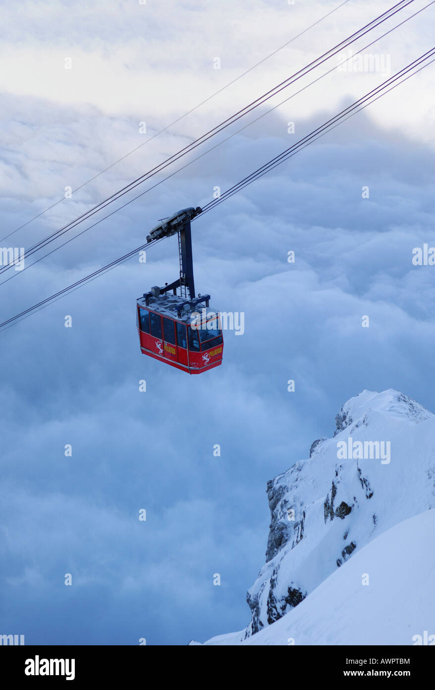 Fraekmuentegg gondola cableway going up Pilatus Kulm, Lucerne, Switzerland, Europe Stock Photo