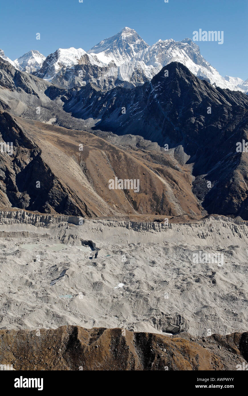 View from Gokyo Ri (5360) towards Mount Everest (8850), Nuptse (7861) and Lhotse (8501), Sagarmatha National Park, Khumbu Himal Stock Photo