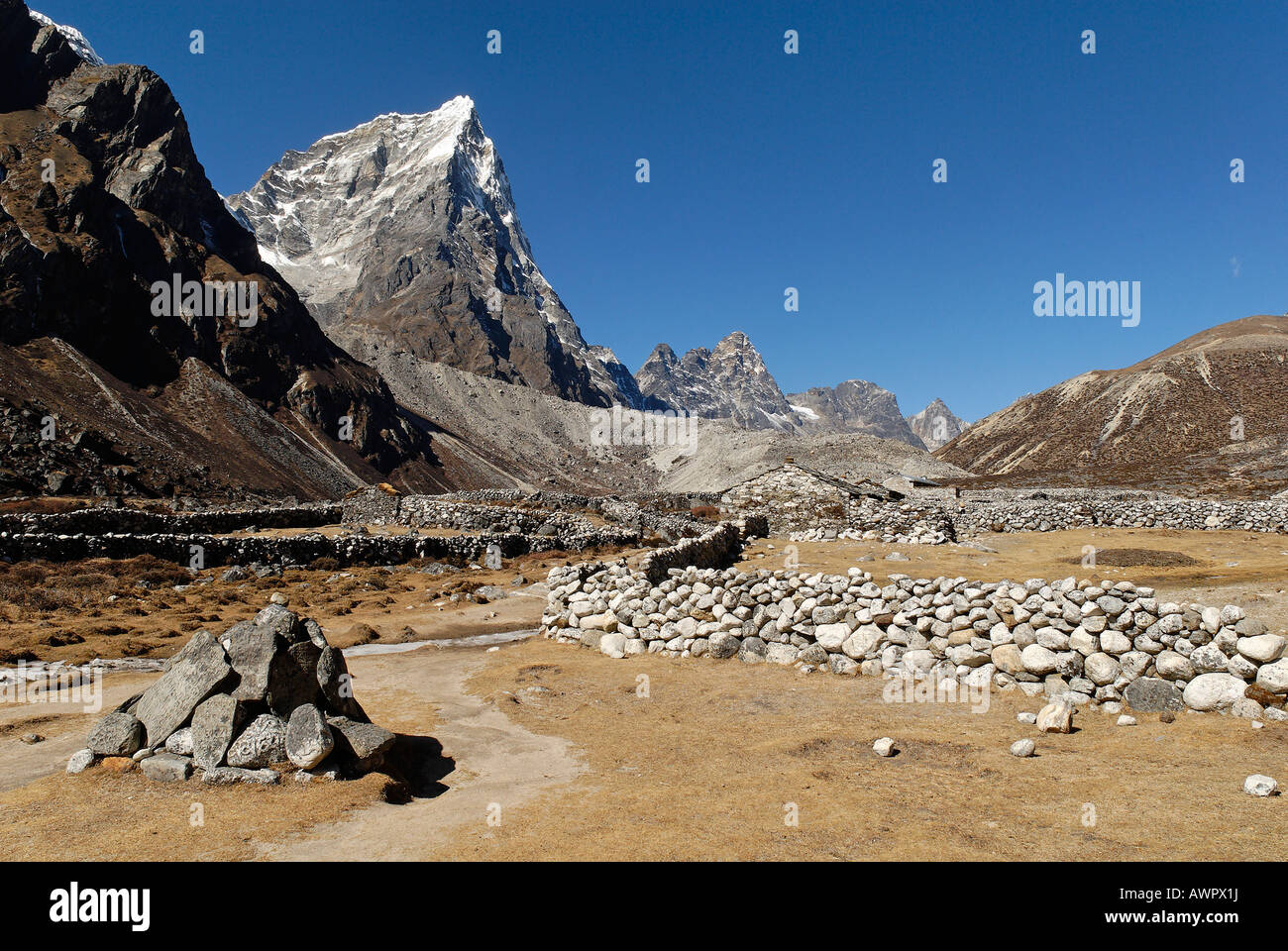 Lobuche Khola valley with Arakamtse (6423), Khumbu Himal, Sagarmatha National Park, Nepal Stock Photo