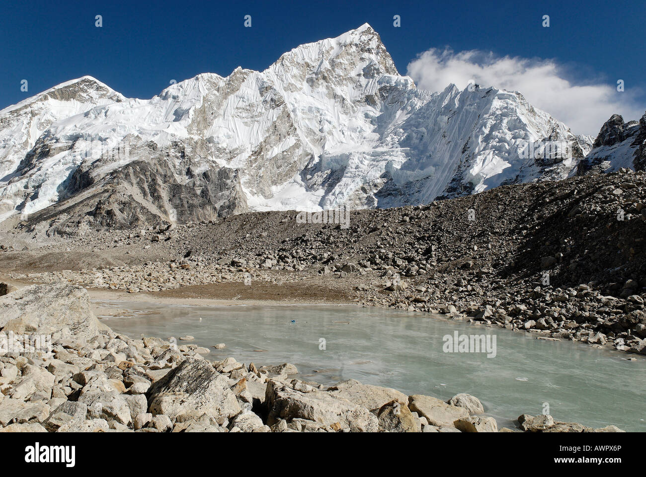 View over Khumbu Gletscher towards Nuptse (7861), Khumbu Himal, Sagarmatha National Park, Nepal Stock Photo