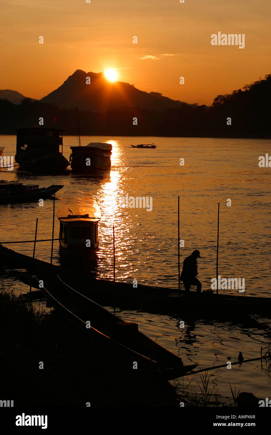 Laos Luang Prabang Sunset over Mekong River Stock Photo