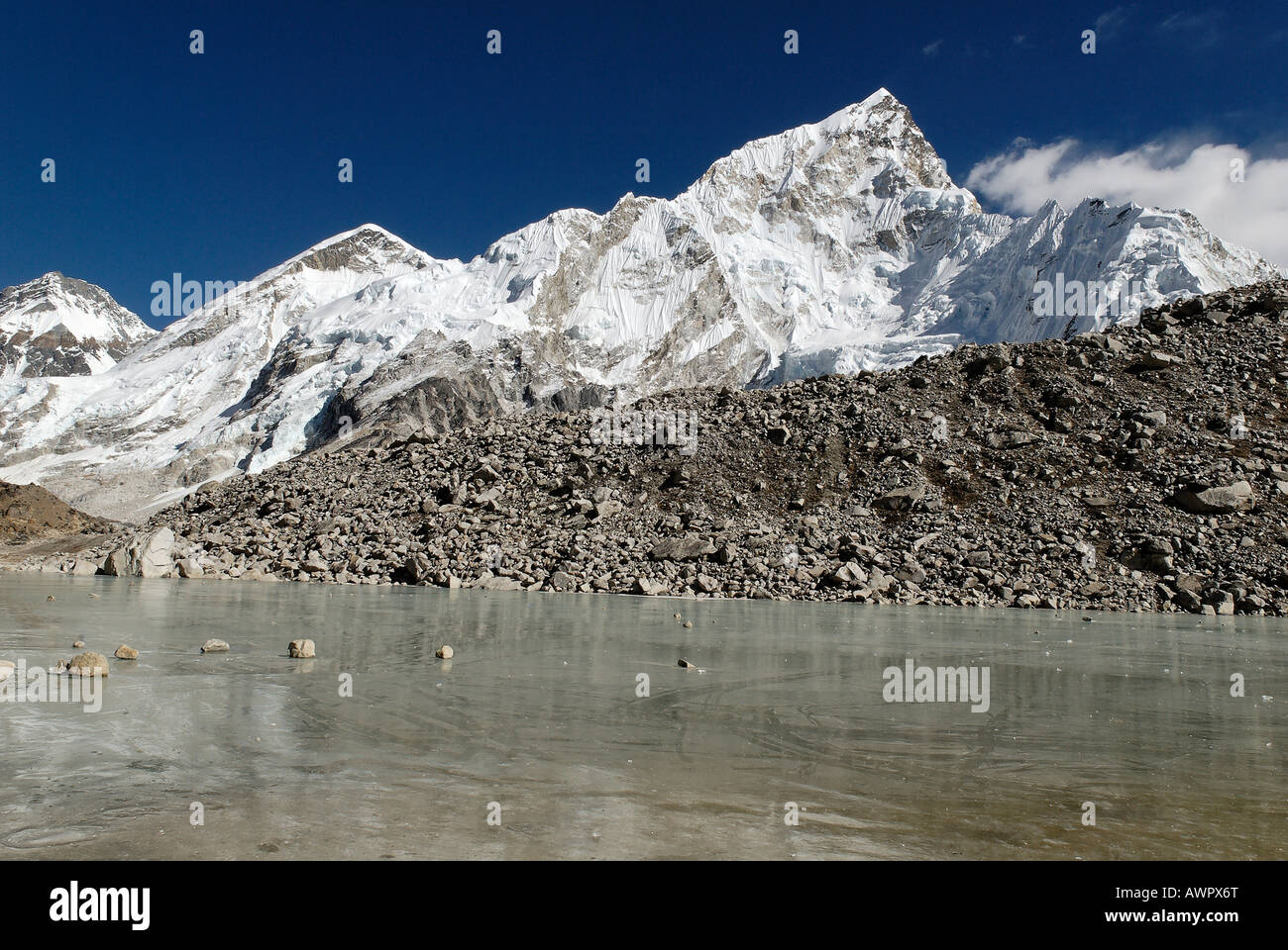 View over Khumbu Gletscher towards Nuptse (7861), Khumbu Himal, Sagarmatha National Park, Nepal Stock Photo
