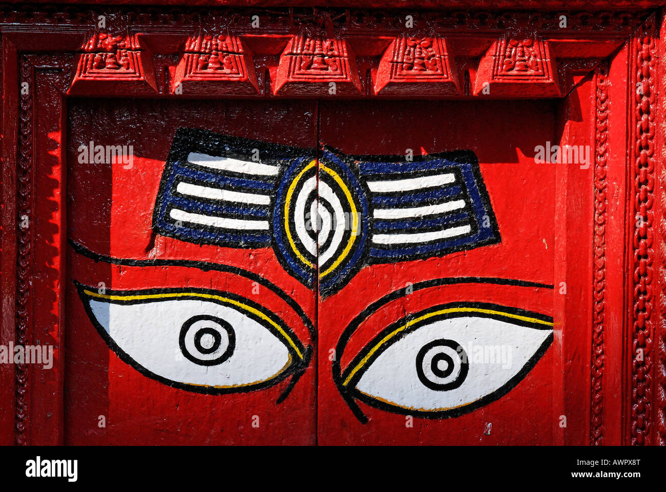 Buddha eyes on a painted door, Kathmandu, Nepal Stock Photo Alamy