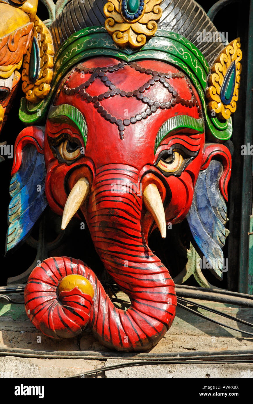 Hinduistic Ganesha, Ganapati, mask, tourist market at Bodhnath, Boudha