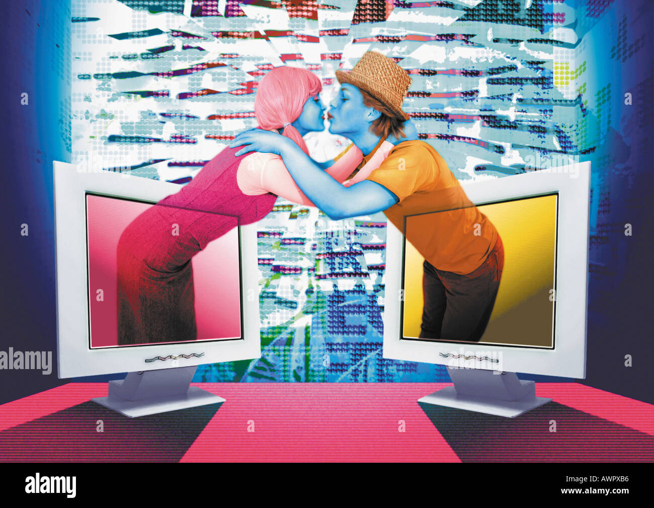 Man and woman each emerging from a computer screen, kissing each other,  digital composite Stock Photo - Alamy