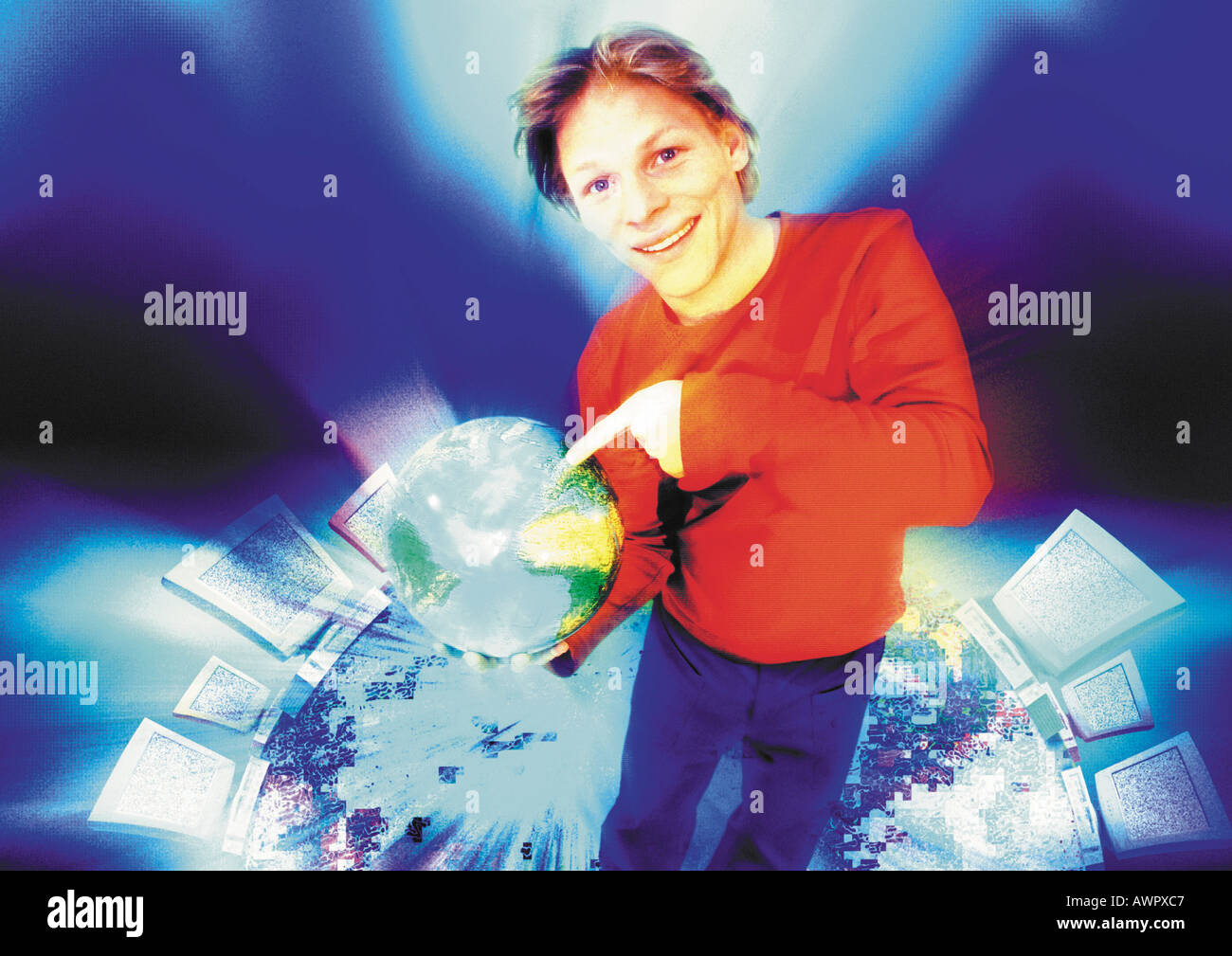 Young man in cyberspace pointing to world globe, digital composite. Stock Photo