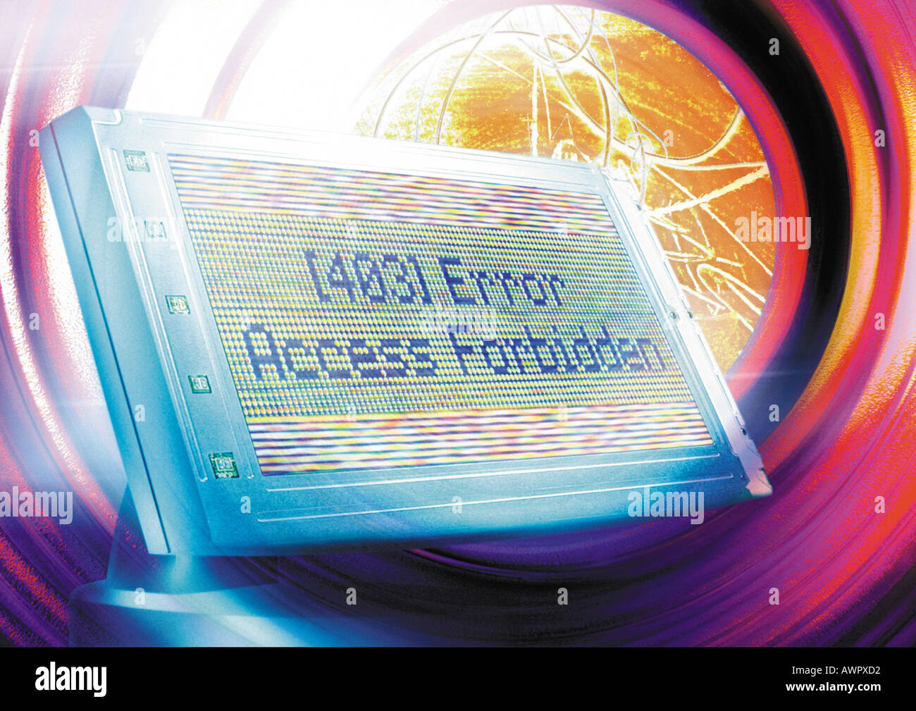 Computer monitor floating in cyberspace, 'Error' message on screen, digital composite. Stock Photo
