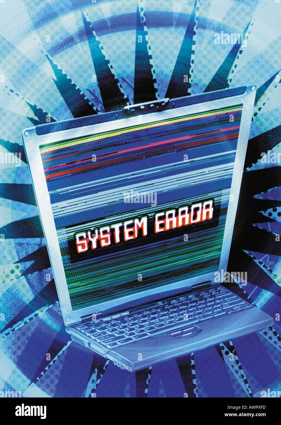 Laptop in cyberspace, 'System Error' message on screen, digital composite. Stock Photo