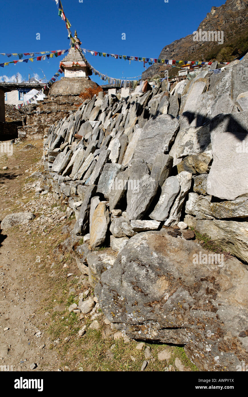 Mani wall at Thamo Sherpa village, Sagarmatha National Park, Khumbu Himal, Nepal Stock Photo