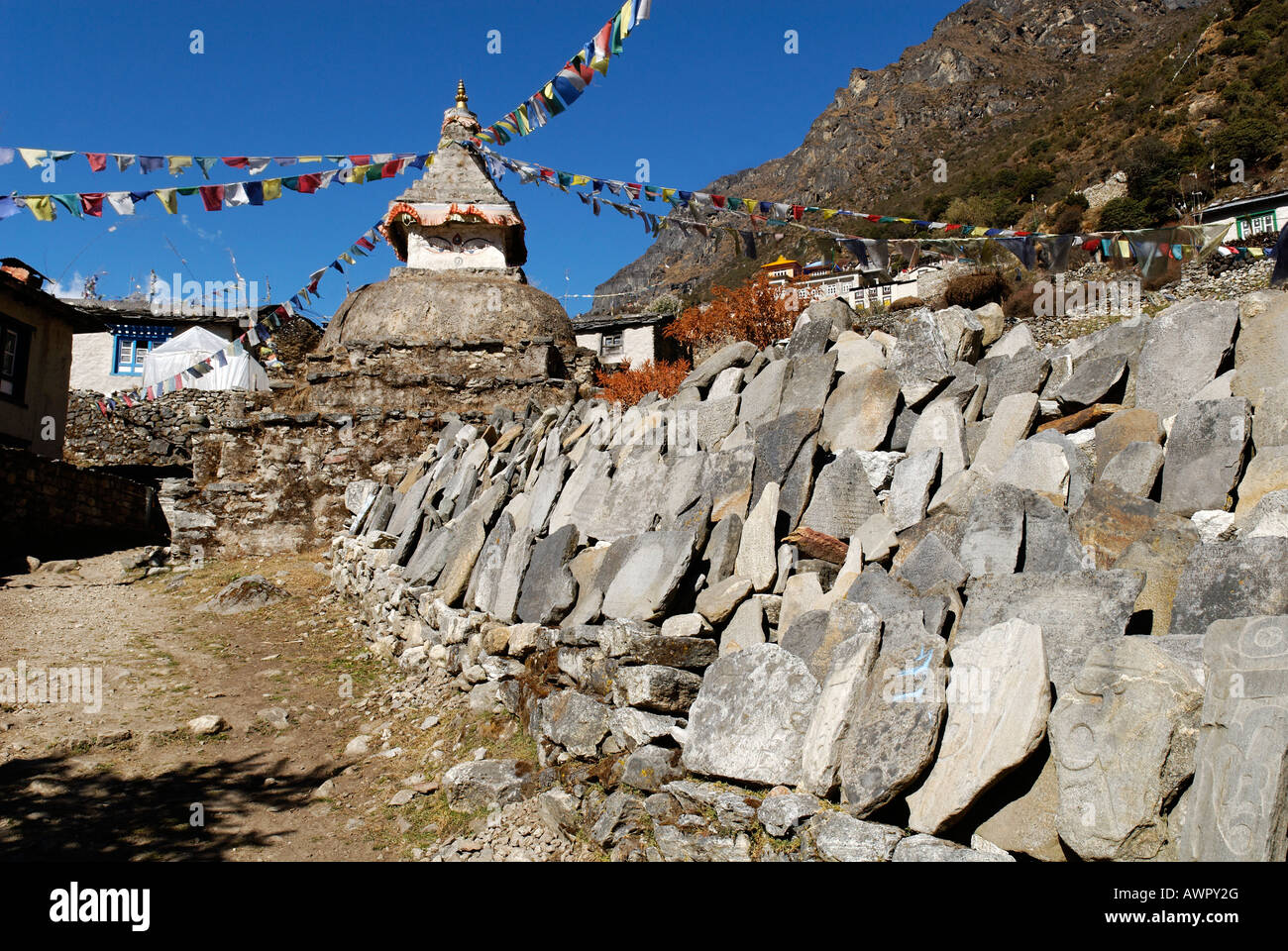 Mani wall at Thamo Sherpa village, Sagarmatha National Park, Khumbu Himal, Nepal Stock Photo