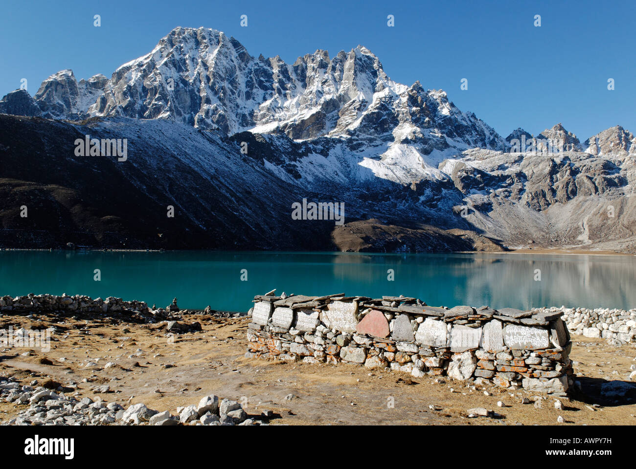 Holy lake Dudh Pokhari near Gokyo and Pharilapche(6017), Sagarmatha National Park, Khumbu, Nepal Stock Photo